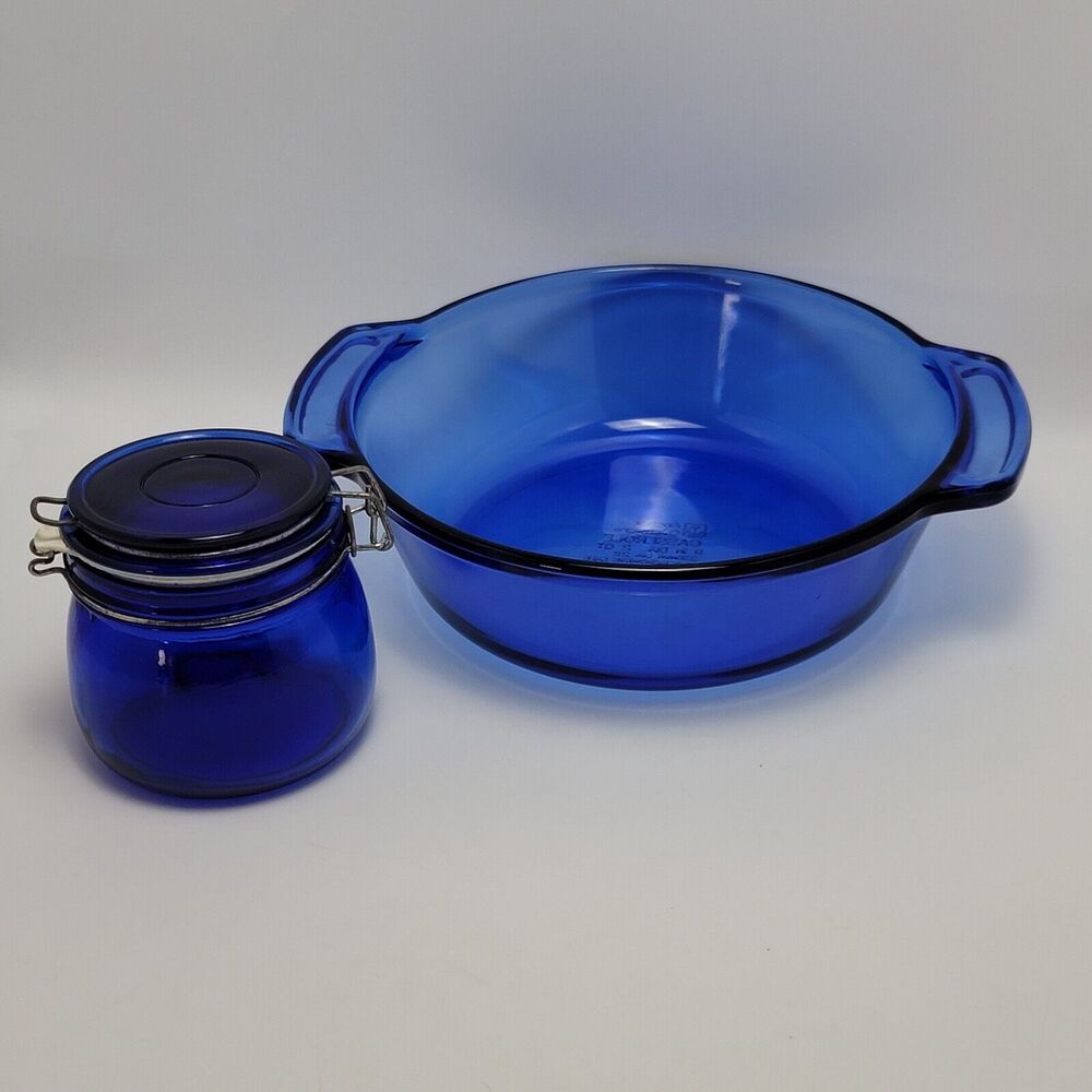 Cobalt Blue Glass Canister Jar 4 Inches With Anchor Ovenware Casserole 2 Qt